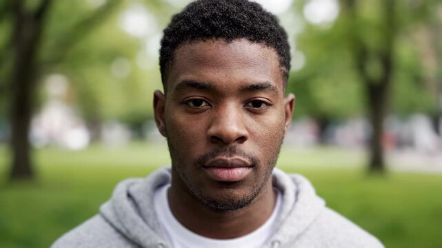 Close-up portrait of a serious young African American man looking at camera in green summer park. Black guy, confidence, masculinity and healthy lifestyle concept. Handsome male face outdoors in city.