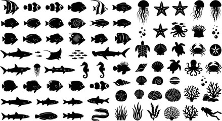 black silhouettes of various sea creatures and ocean elements on white background © Afia