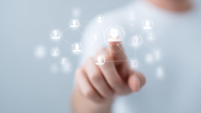 Hand interacting digital user network touching global connection social media abstract communication screen