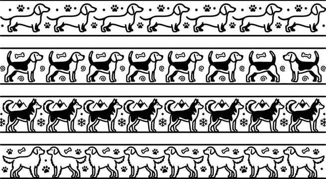 black and white dog pattern with bones and paw prints and mountains
