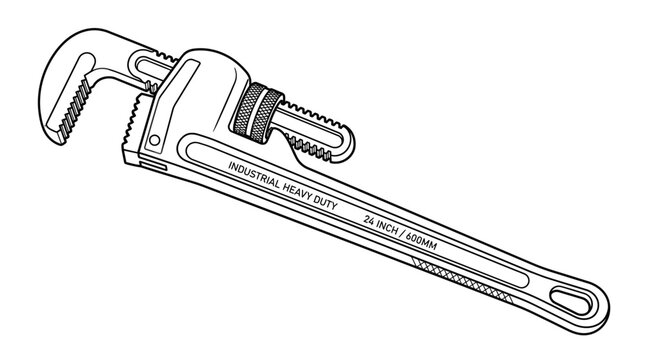 Large industrial adjustable pipe wrench line art drawing.