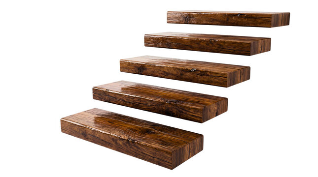 Five dark brown wooden planks arranged in a staggered formation isolated on transparent background
