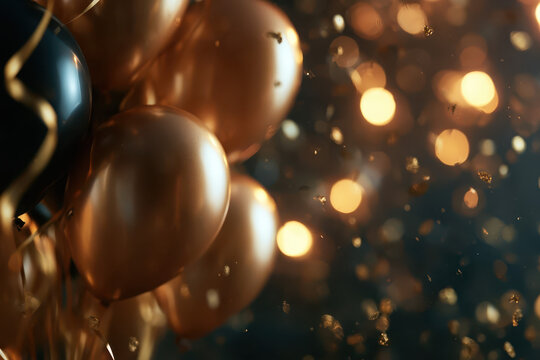 Golden Balloons and Confetti Burst on Dark Background, Festive Party Celebration