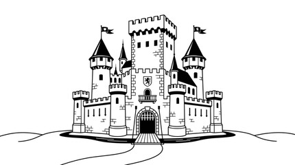 Medieval fairy tale castle with turrets line art. © erna