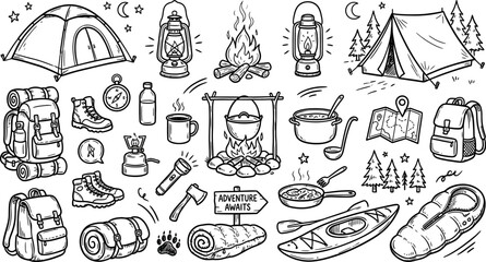 Camping and outdoor adventure icons and symbols for travel and nature activities © Afia
