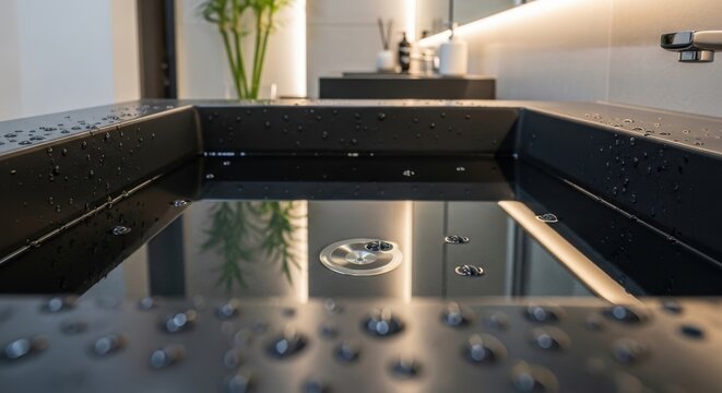 Polished charcoal concrete basin with deep reflection and water droplets in a modern luxury bathroom setting.