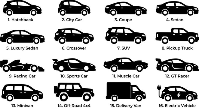 Various types of cars and trucks in silhouette on white background