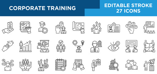 CORPORATE TRAINING  line icons set with welcome, learn, apprentice, listen, teach, intern, explore, practicant, and on the job concepts. Editable stroke vector collection.  © BBLOVVA