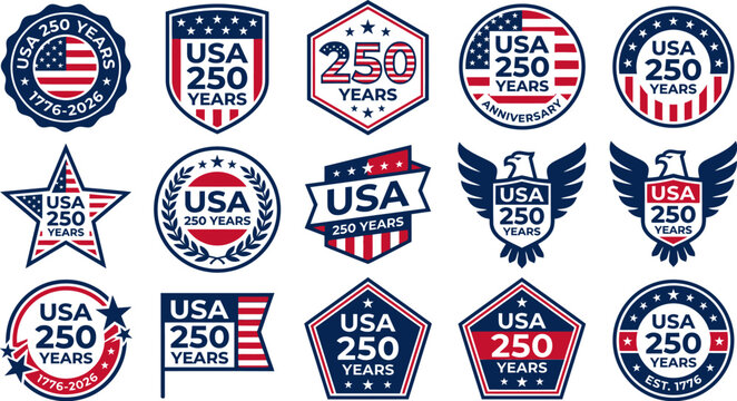 USA 250 years anniversary patriotic badges and labels set  various american themed emblems
