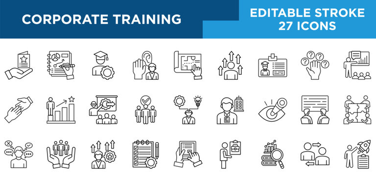 CORPORATE TRAINING  line icons set with welcome, learn, apprentice, listen, teach, intern, explore, practicant, and on the job concepts. Editable stroke vector collection.	