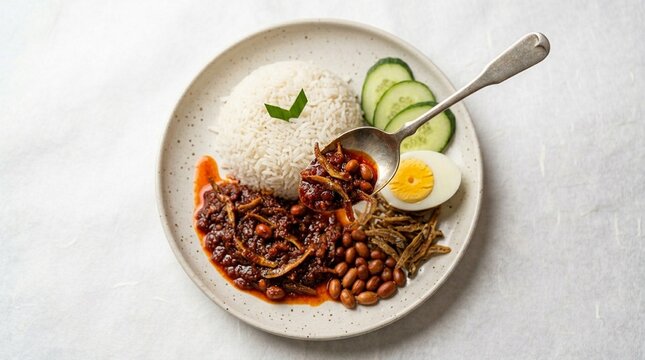 Nasi Lemak Coconut Rice with Sambal | Ikan Bilis Peanuts Egg Cucumber Detail | Malaysian Food Commercial Photography