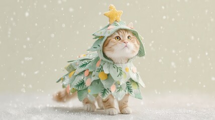 Obraz premium Adorable cat kitten wearing christmas tree costume with star on head standing in falling snow looking up festive