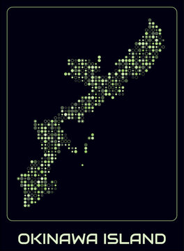Okinawa Island digital style map. Small circle dots on dark background. Dotted shape of the island. Vector map and title. Stylish vector illustration.