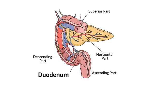 Anatomical diagram of the human duodenum parts.