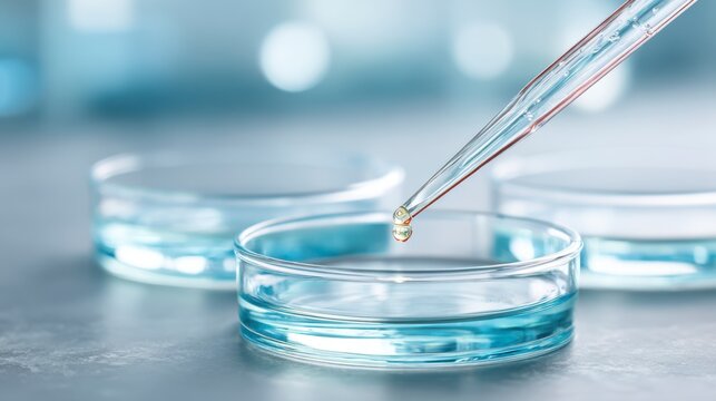 A Glass Pipette Transferring a Droplet into a Petri Dish Surrounded by Other Dishes in a Bright Laboratory Setting