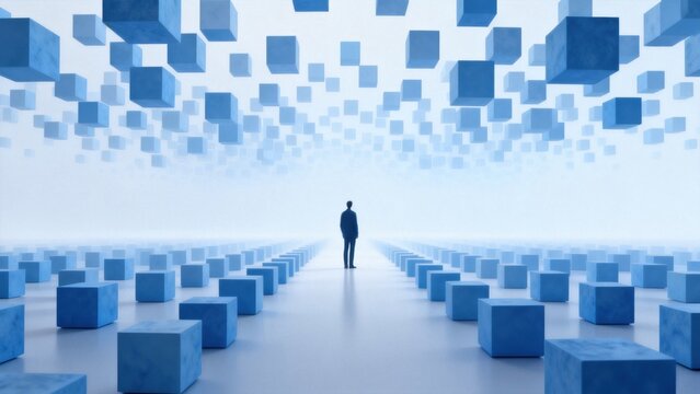 Person standing in a blue cube corridor
