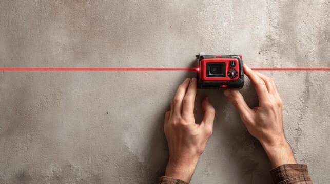 A Close-Up View of Hands Positioning a Camera with a Laser Guide on a Textured Surface for Precise Framing and Capturing Moments