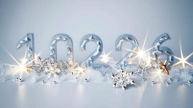 Silver Glitter Number 2026 with Snowflakes and Sparkles for New Year Celebration
