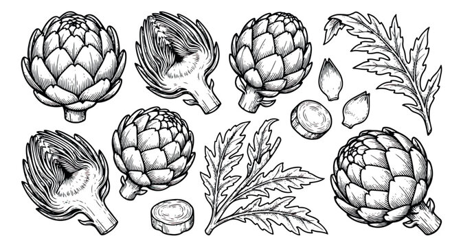 Vintage artichoke botanical illustration set, hand drawn vegetable sketches with leaves and slices, black and white engraved vector line art