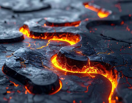 Molten lava cracks in dark ground.