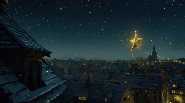 Night Sky with Bright Star and Snow-covered Rooftops Over Historic Town at Night