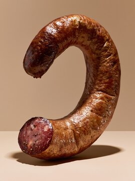 Smoked Pork Sausage Kovbasa Curved Cured Link Deep Red Charcuterie Editorial Food Photography