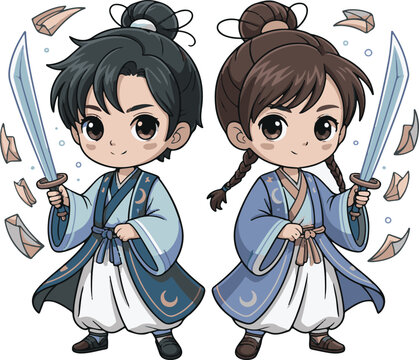 Chibi boy and girl heroes in traditional blue robes with fantasy swords