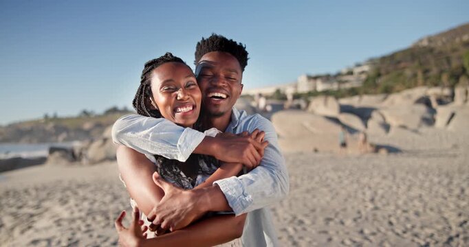 Face, travel and couple at beach with hug, partner affection and bonding on tropical holiday. Space, portrait and people at ocean with embrace, commitment and healthy relationship on getaway vacation