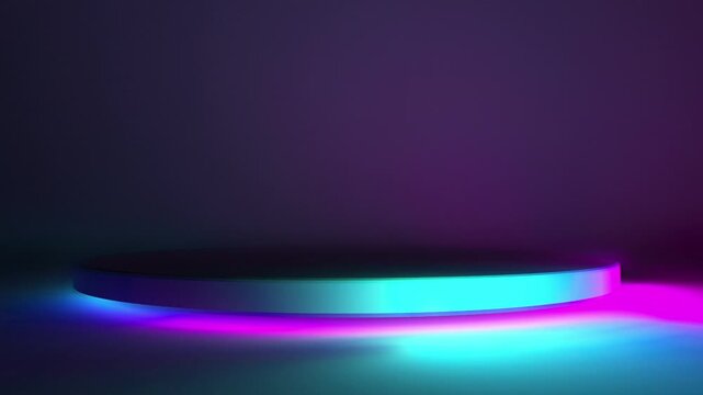3d render of empty neon podium for product presentation seamless looping animation of futuristic cyberpunk showroom with glowing pink and blue platform on dark background copy space