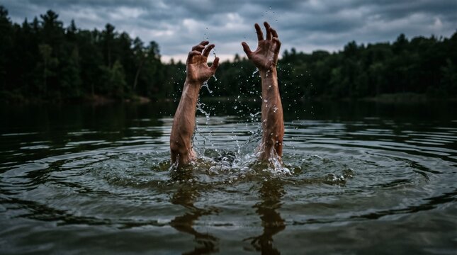 Desperate hands reaching out from dark water, symbolizing drowning and struggle.