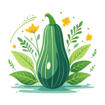 Green squash with leaves and yellow flowers, flat design