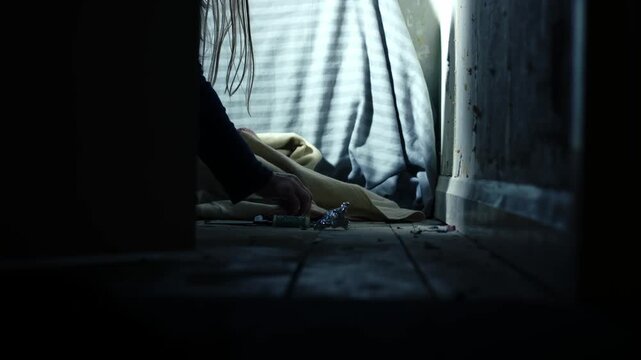 Door opens to reveal addict cutting illegal drugs in dark room