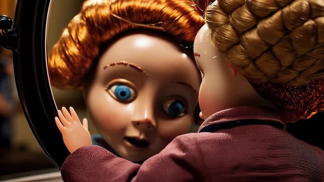 An unsettling doll with blue eyes examines its reflection in a round mirror, exploring themes of identity and the uncanny valley in a dimly lit, cinematic room.