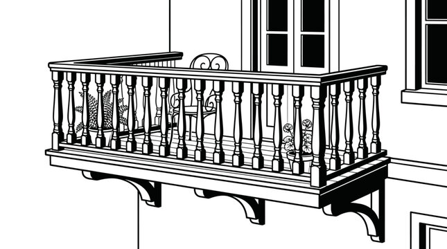 Classic balcony with ornate wooden railing spindles line art drawing.