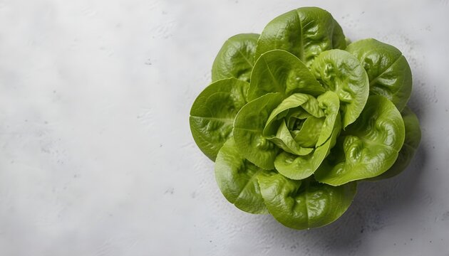 Fresh green lettuce head with vibrant leaves on a textured light gray background