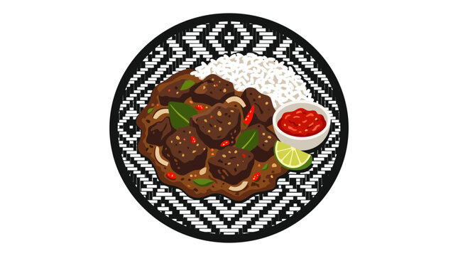 Indonesian beef rendang dish served on patterned plate.