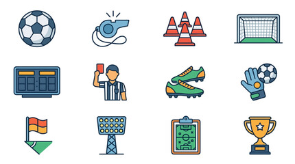 Soccer ball and sports equipment icons. © Uli