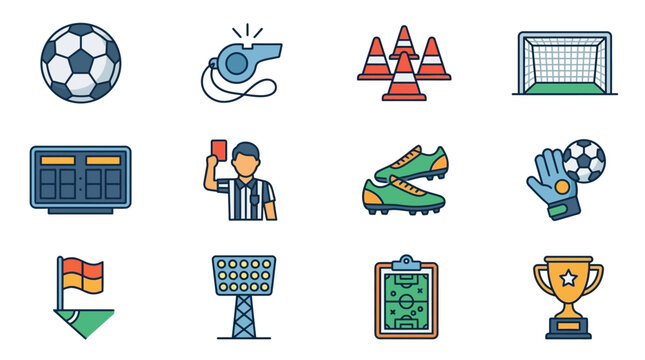 Soccer ball and sports equipment icons.