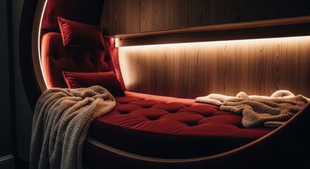 Naklejka premium Luxurious compact sleeping pod with deep red velvet upholstery and warm wood accents, offering private relaxation