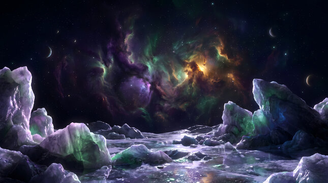 Vibrant aurora borealis-like nebula illuminates a frozen, alien landscape of jagged ice formations on a distant exoplanet, creating an otherworldly and mystical panorama