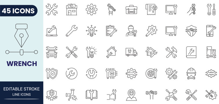 Wrench icon set in outline style. Collection of wrench, tools, repair, maintenance, fixing, and service icons. Editable stroke. Vector icon collection.