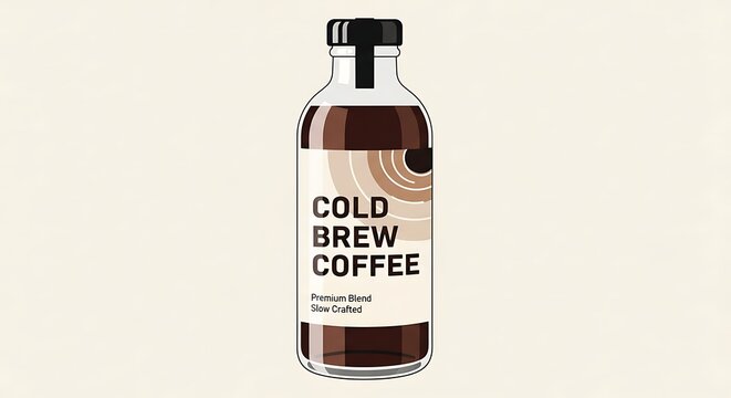 Glass bottle of cold brew coffee on white background.