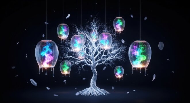 Glowing tree, neon lights, colorful orbs, futuristic illustration, dreamy landscape