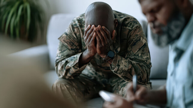 Distressed Veteran in Counseling Session at Home, Supportive Therapist Taking Notes, Emotional Mental Health Support.