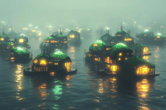 Eco homes submerged underwater in a misty cityscape at dusk