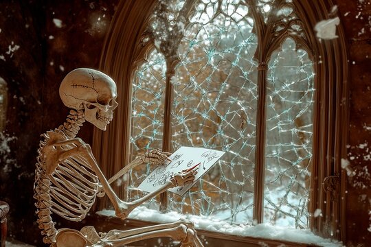 Skeleton seated by arched window with shattered glass, engaged in drawing