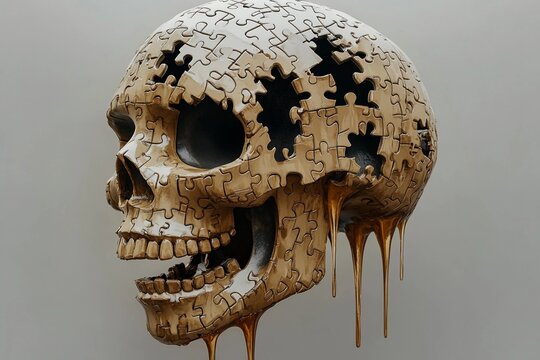 Melting puzzle skull with dripping pieces resembling flowing water
