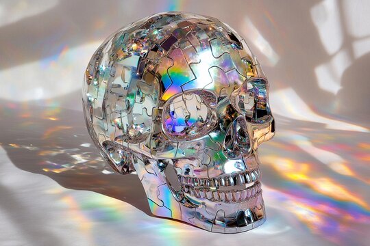 Crystalline puzzle skull reflecting rainbow light in peaceful indoor setting