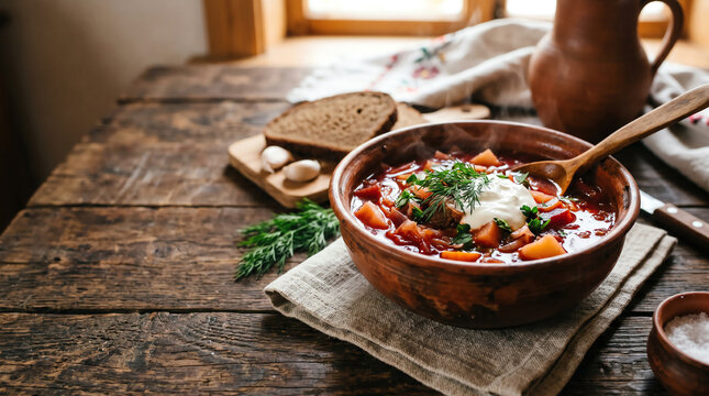 traditional ukrainian borscht still life featuring hot beet soup with sour cream fresh dill garlic and rye bread on rustic wooden table with copy space