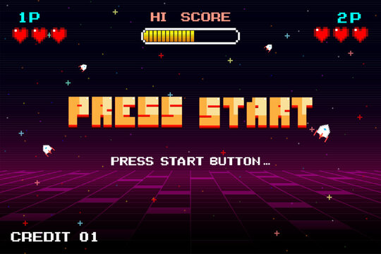 PRESS START. press start button. pixel art 8 bit. Retro Futurism Sci-Fi Background. glowing neon grid and stars from vintage arcade computer games